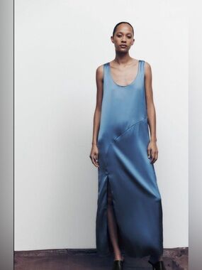 NWT Zara Long Satin Effect Slip Midi Dress Scoop Neck Steel Blue Size Small